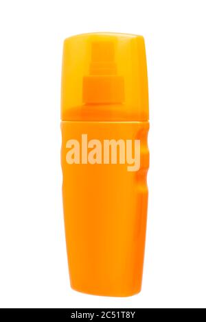 orange plastic bottle with spray and transparent cover of suntan cream side view on a white background. Stock Photo