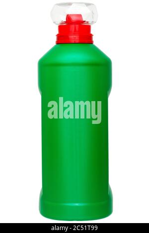 green unlable plastic bottle with detergent with a transparent cap and a red dispenser, isolated object for disinfection on a white background. Stock Photo