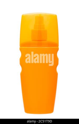 orange plastic bottle with spray and transparent cover of suntan cream front view on a white background. Stock Photo