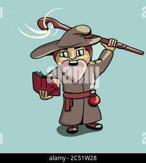 Cute cartoon mage character on blue background Stock Vector