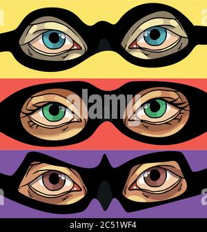 Set of 3 superhero masks yellow, red and purple  Stock Vector