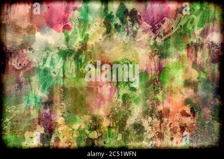 Watercolor multi colored texture effect background of pink, blue red green purple yellow colors with a black blended border Stock Photo