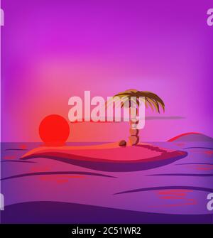 Vector island in the the ocean landscape purple dawn Stock Vector