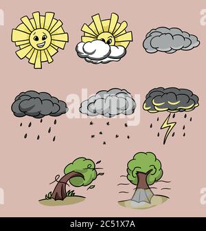 set of 8 different weather in cartoon style Stock Vector