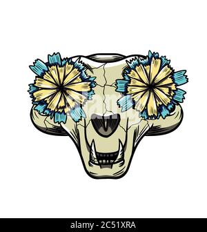 vector cartoon cat skull with eyes chrysanthemums Stock Vector