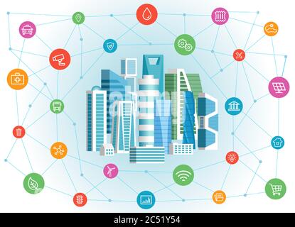 Vector Illustration For Smart City With Urban Buildings And Infographic Icons Network Stock Vector