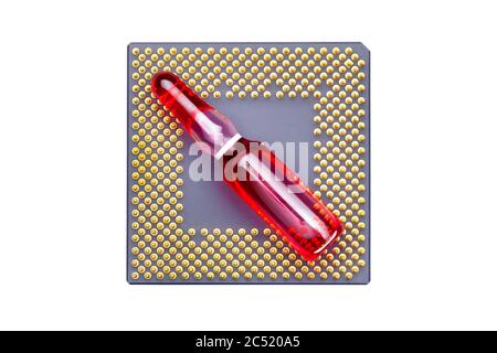 glass ampoule with blood fluid for vaccination implantation processor chip implantation for surveillance and verification human, concept on conspiracy Stock Photo