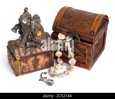 Vintage wooden treasure chests on white background Stock Photo