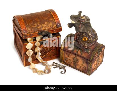 Hidden treasure in wooden boxes, isolated on white background Stock Photo