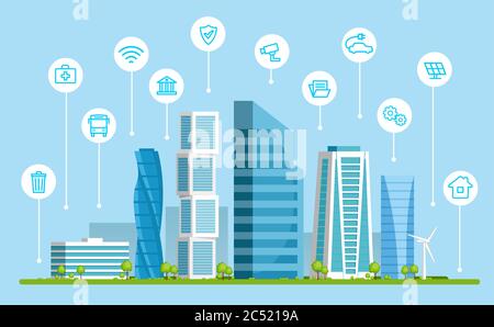 Vector Illustration Of Smart City Concept With Urban Buildings, Skyscrapers And Infographic Icons Stock Vector