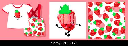 Strawberry pattern. Berries character. Set for textile design and packaging design. Red berry vector illustration Stock Vector