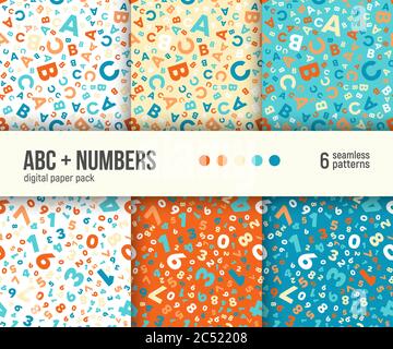Digital paper pack, set of 6 abstract seamless patterns. Abstract geometric backgrounds. Vector illustration. ABC and math background for kids educati Stock Vector