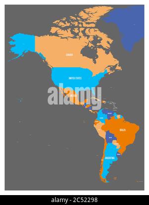 Political map of Americas in foor colors on dark grey background. North and South America with country labels. Simple flat vector illustration. Stock Vector