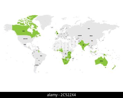 Member states of the British Commonwealth green highlighted in the world map. Vector illustration. Stock Vector