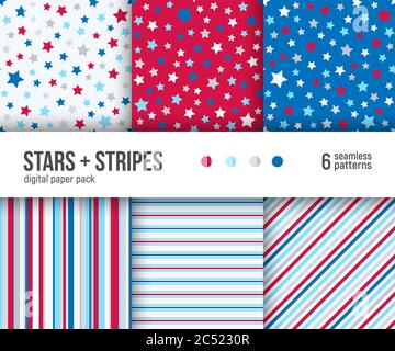 Digital paper pack, set of 6 abstract seamless patterns. Abstract geometric backgrounds. Vector illustration. Stars patriotic pattern and striped patt Stock Vector