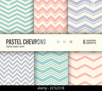 Digital paper pack, set of 6 abstract seamless patterns. Abstract geometric backgrounds. Vector illustration. Pale pastel chevron patterns. Blush pink Stock Vector