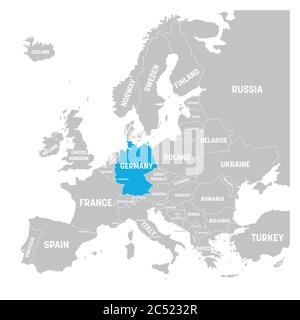 Germany marked by blue in grey political map of Europe. Vector illustration. Stock Vector