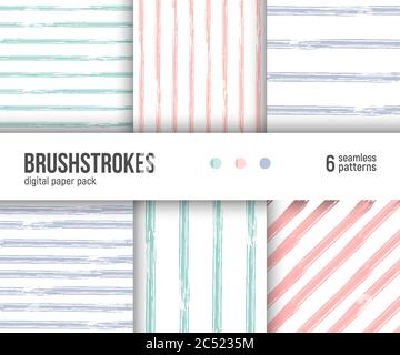Digital paper pack, set of 6 abstract seamless patterns. Abstract geometric backgrounds. Vector illustration. Hand drawn textured brushstrokes backgro Stock Vector