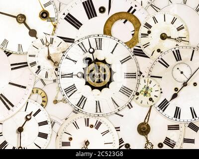 Large set of various vintage clock faces Stock Photo