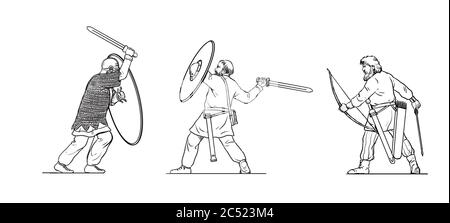 Battle between Roman soldiers and Germanic warriors. Outline drawing. Stock Photo