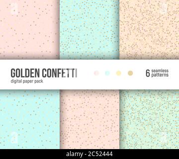 Digital paper pack, set of 6 abstract seamless patterns. Abstract geometric backgrounds. Vector illustration. Pastel blush pink, mint and gold colors. Stock Vector
