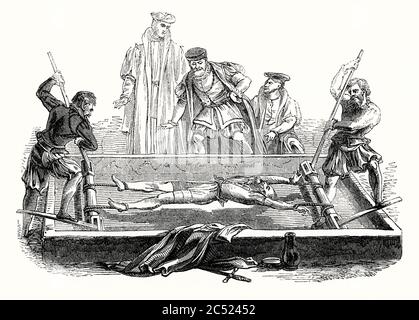 An old engraving showing the use of 'The Rack' for torture during the Middle Ages – it was first used in Britain around 1450. The rack is a torture device consisting of a rectangular, usually wooden frame with a roller at one or both ends. The victim's ankles are fastened to one roller and the wrists to the other. As the interrogation progresses, the ratchet mechanism attached to the rollers are used to gradually pull on the ropes or chains, slowly increasing the strain on the prisoner's body and causing excruciating pain. Stock Photo