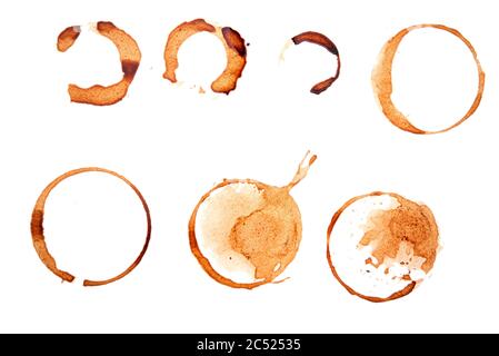 Round coffee spots, brown coffee and tea staines, splash isolated on white background Stock Photo
