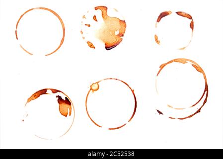 Round coffee spots, brown coffee and tea staines, splash isolated on white background Stock Photo