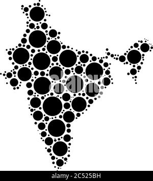 India map mosaic of circles in various sizes. Black dotted vector map on white background. Stock Vector