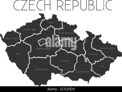 Map of Czech Republic divided to administrative regions with labels Stock Vector
