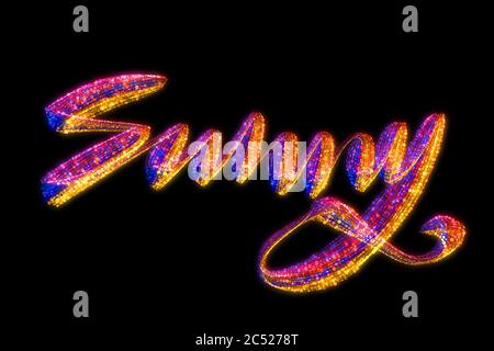 The word Sunny written in bright rainbow particles. Hand drawing isolated on black background Stock Photo