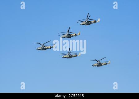 MOSCOW, RUSSIA - JUN 2020: Russian all-new reconnaissance and attack helicopter Ka-52 Alligator at the parade in honor of the 75th anniversary of the Stock Photo