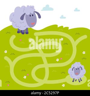 Maze, labyrinth education game. Puzzle games for children. Help the mother sheep find a little limb  Stock Vector