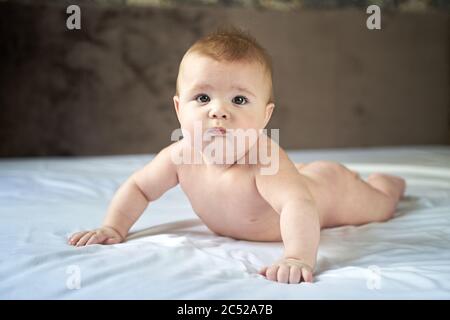 a wonderful baby six months lies on a white sheet on his stomach. trying to crawl Stock Photo