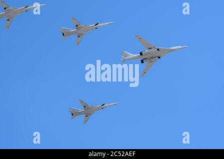 MOSCOW, RUSSIA - JUN 2020: Russian supersonic strategic bomber with a variable sweep wing Tu-160 (Blackjack) and long-range supersonic strategic bombe Stock Photo