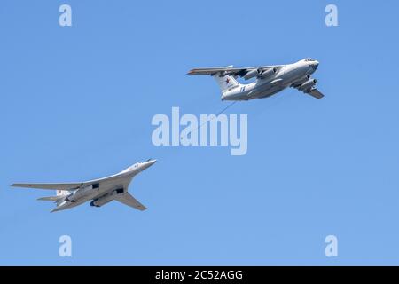 MOSCOW, RUSSIA - JUN 2020: Refueling aircraft and supersonic strategic bomber Tu-160 (Blackjack) at the parade in honor of the 75th anniversary of the Stock Photo