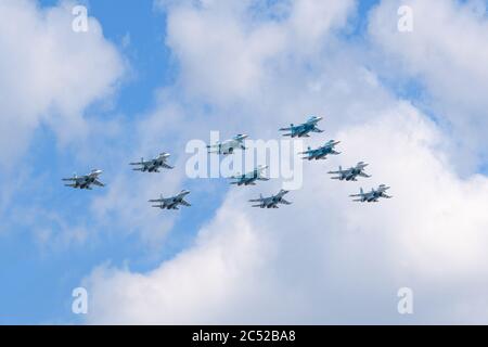 MOSCOW, RUSSIA - JUN 2020: Russian multifunctional supersonic fighter-bomber Su-34 (Fullback) at the parade in honor of the 75th anniversary of the vi Stock Photo