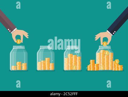 Step of Hand saving coins in glass jars with money trees. Flat style ...