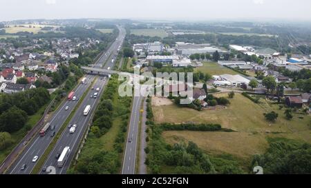 Schwerte, Germany. 09th June, 2020. The K20 in Schwerte continues to be built. This should enable the connection to the commercial area. Both the city council and district council decided to expand. The photo shows the street as an aerial view. The K20 is next to the A1 motorway. (Photo by Lukas Pohland/Pacific Press/Sipa USA) Credit: Sipa USA/Alamy Live News Stock Photo