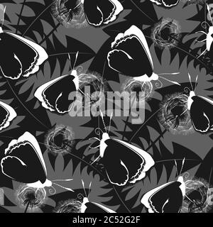 Monochrome floral seamless pattern with butterfly and dandelion flowers and leaves on gray background. Stock vector Stock Vector