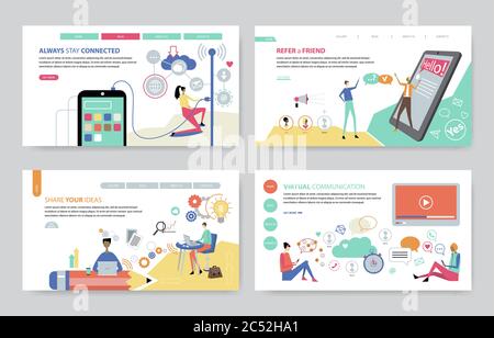 Concepts set of Always Stay Connected, Refer a Friend, Share Your Ideas and Virtual Communication. Creative website template, flat design vector illus Stock Vector