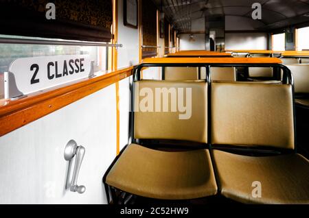 Second class compartment of an italian Littorina, old rail motor coach from world war II period Stock Photo