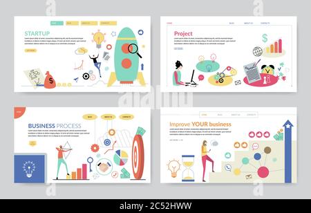 Concepts set of Start-up, Project, Business Process and Improve Your Business. Creative website template, modern flat vector illustration Stock Vector