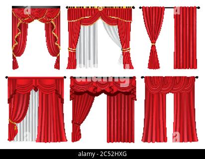 Set of red luxury curtains and draperies on white background, realistic vector illustration Stock Vector