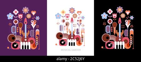 3 options of colored design isolated on a violet / on a white / on a black background Flowers and Musical Instruments vector illustration. Blossoming Stock Vector