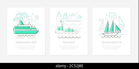 Water transport - line design style banners set Stock Vector