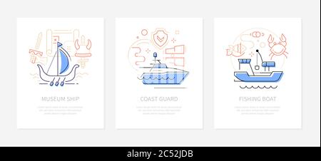 Water transport - line design style banners set Stock Vector