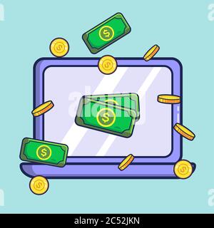 laptop takes money. online business concept. vector illustration Stock Vector