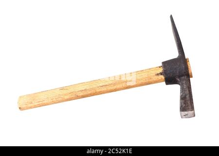 asian worker man in blue shirt with apron and protective gloves hand holding Shoveling fork isolated on white background with clipping path Stock Photo