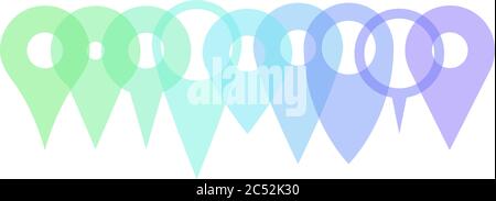 Set of various map pointers arranged in a row, patly transparent and overlapping. Simple flat silhouette of vector objects. Stock Vector